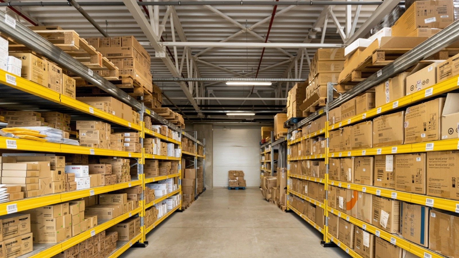 packages arranged on shelves in warehouse